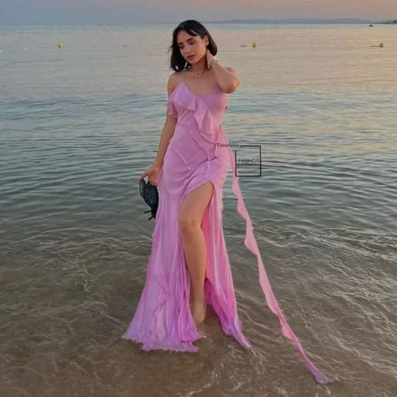 Zara Dresses & Skirts - RARE MANGO RUFFLES SLIT DRESS PASTEL PINK
